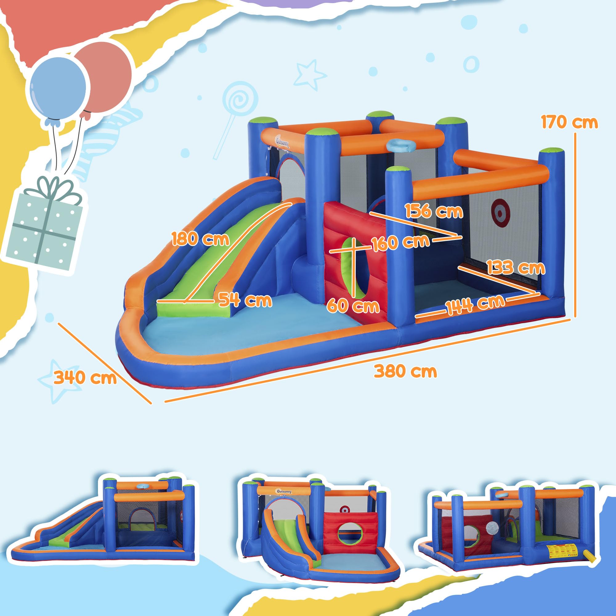 Outsunny Château Gonflable Aire de Jeux jusqu'à 3 Enfants 3-8 Ans avec Toboggan Trampoline piscines souffleur 450W et Sac de Transport Aquatique 380L x 340l x 170H cm - Multicolore