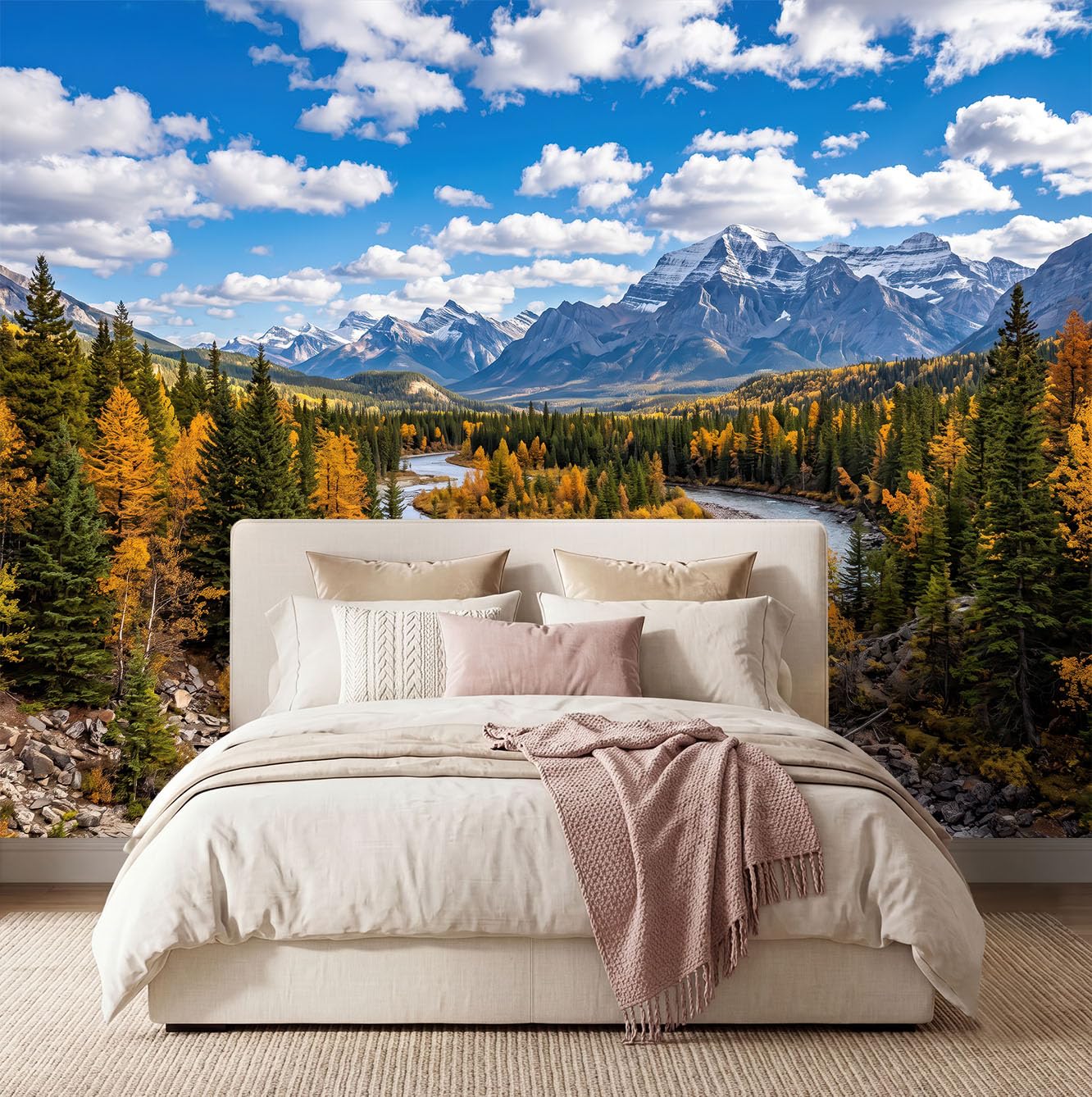 Naturlandschaft Wald Panorama Fototapete 300 x 210 cm, Berge Canyons Flüsse Kiefern Schneebedeckte Berge Vlies Tapeten Wandtapete, Blau Wandbilder Tapete für Wohnzimmer Schlafzimmer Apartment Flur