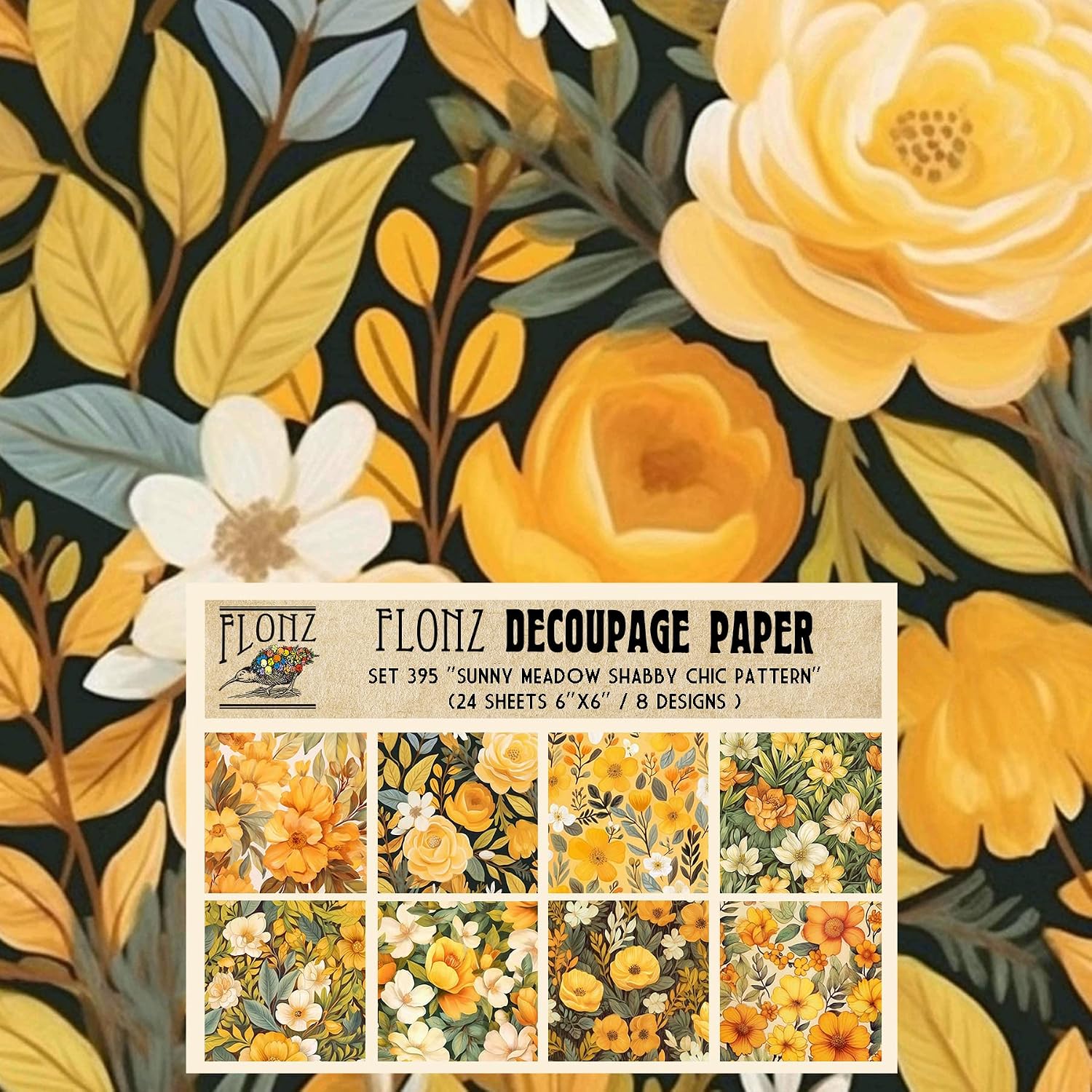 Decoupage Paper Pack (24 Sheets 6"x6") Sunny Meadow Shabby Chic Pattern # Vintage Styled Pattern Paper for Decoupage, Craft and Scrapbooking