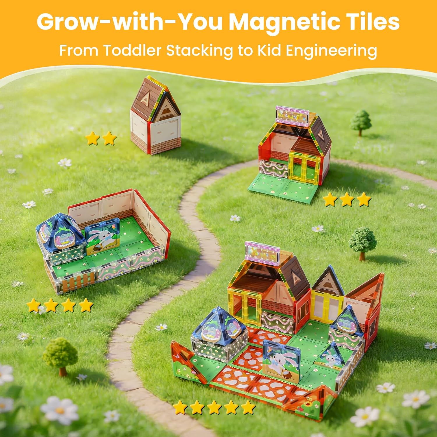 Magnetic Tiles for Kids, 54PCS STEM Building Blocks, Creative Construction Magnet Tiles with Cute Animal & Pattern Prints, Educational Preschool Learning Toys, Ideal Gifts for Boys & Girls Ages 3+