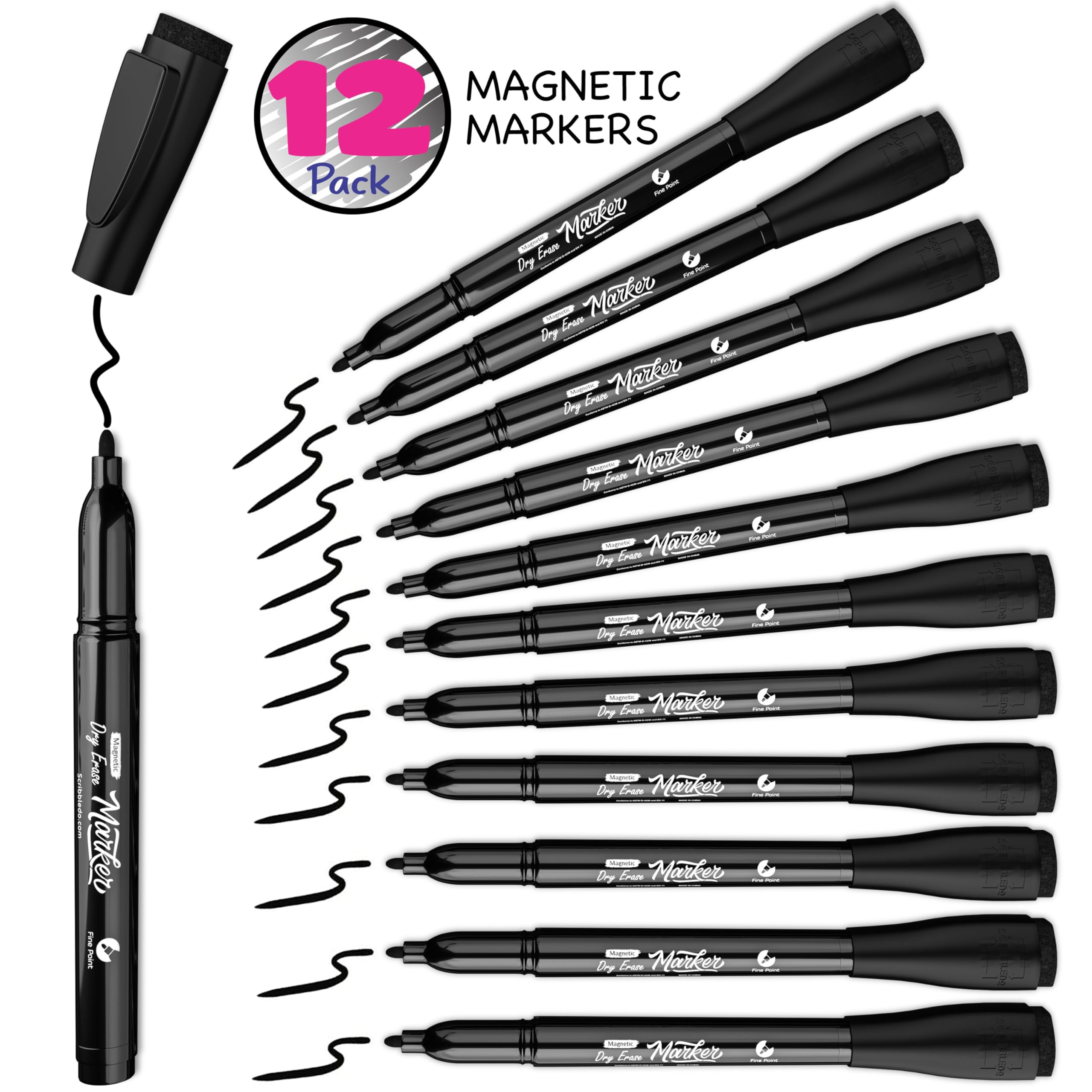Scribbledo Whiteboard-Marker, magnetisch, trocken abwischbar, feine Spitze, mit Radiergummi, dünn, geruchsarm, dünne Whiteboard-Marker für Erwachsene, Studenten, Lehrer, Kinder, Kunst, Zuhause, Schule