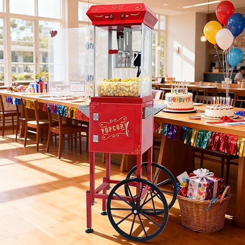 Máquina de palomitas de maíz de estilo vintage de 8 onzas  Máquina de aperitivos con hervidor de acero inoxidable, carrito retro vintage y ruedas de