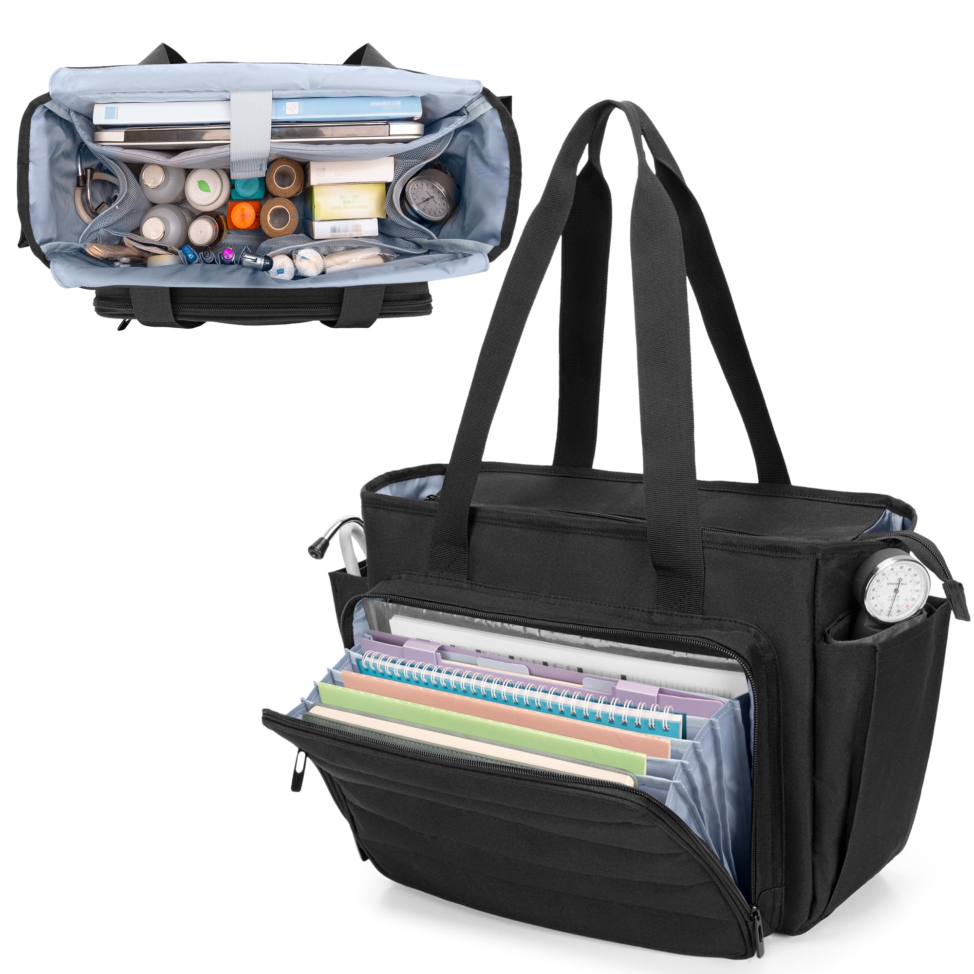 CURMIO Sac de Travail pour Infirmière, Sac Médical Portable avec Pochette Accordéon et Housse pour Ordinateur Portable 15,6", Noir