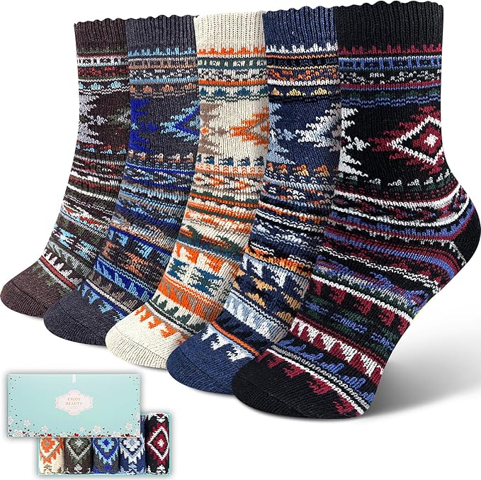 Womens Socks 5 Pair Wool Warm Cotton Thick Vintage Casual Winter Cabin Crew Fuzzy Socks Ideal Gifts