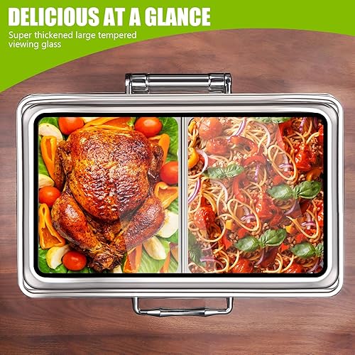 Miniatura 3 de Vudex Juego de bufé de platos para rozar con tapas de vidrio grandes, platos de acero inoxidable de 8 cuartos para fiesta de cumpleaños, Acción de