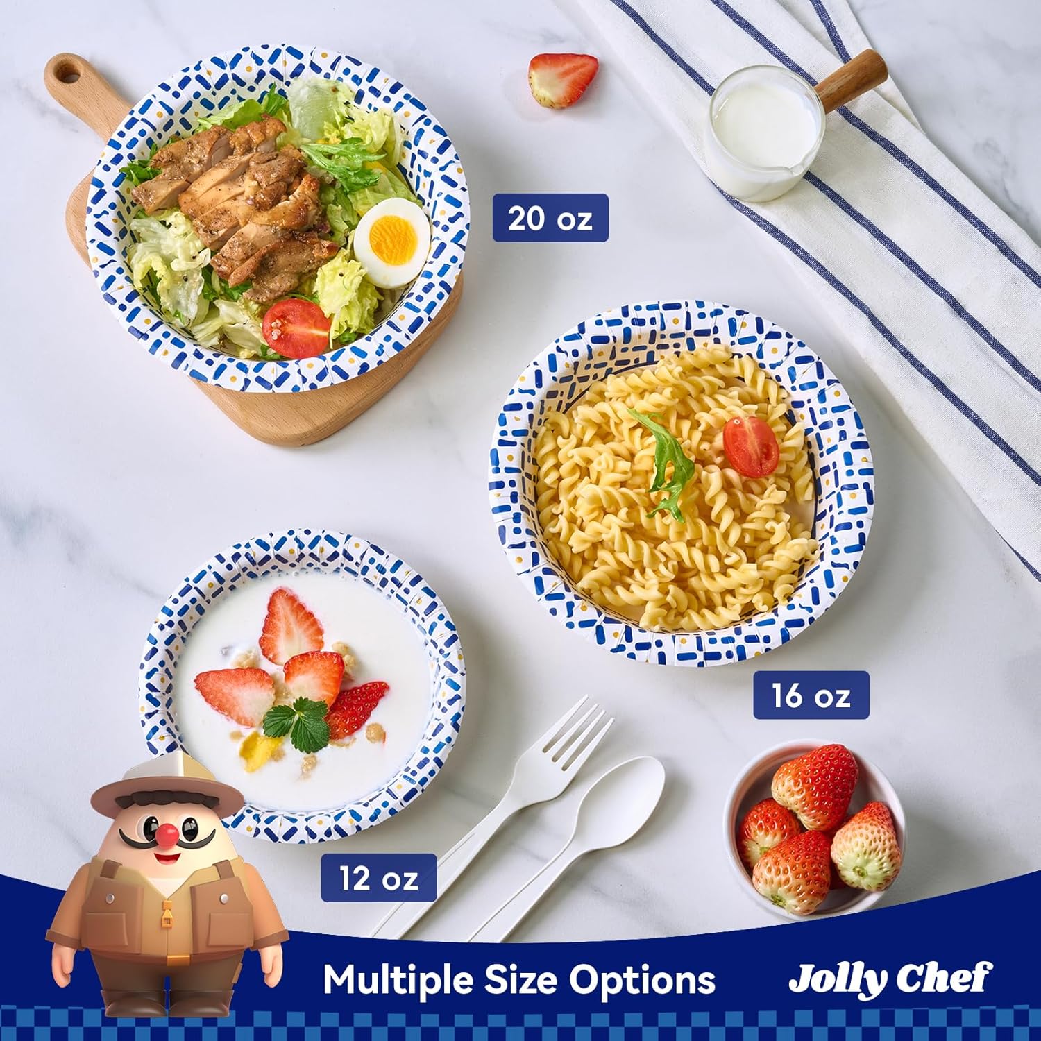 JOLLY CHEF 200 Count 16 oz Paper Bowls, Soak-Proof Small Disposable Bowls for Soup, Salad and Snacks, Desserts Perfect for Parties Weddings Catering Home and Office