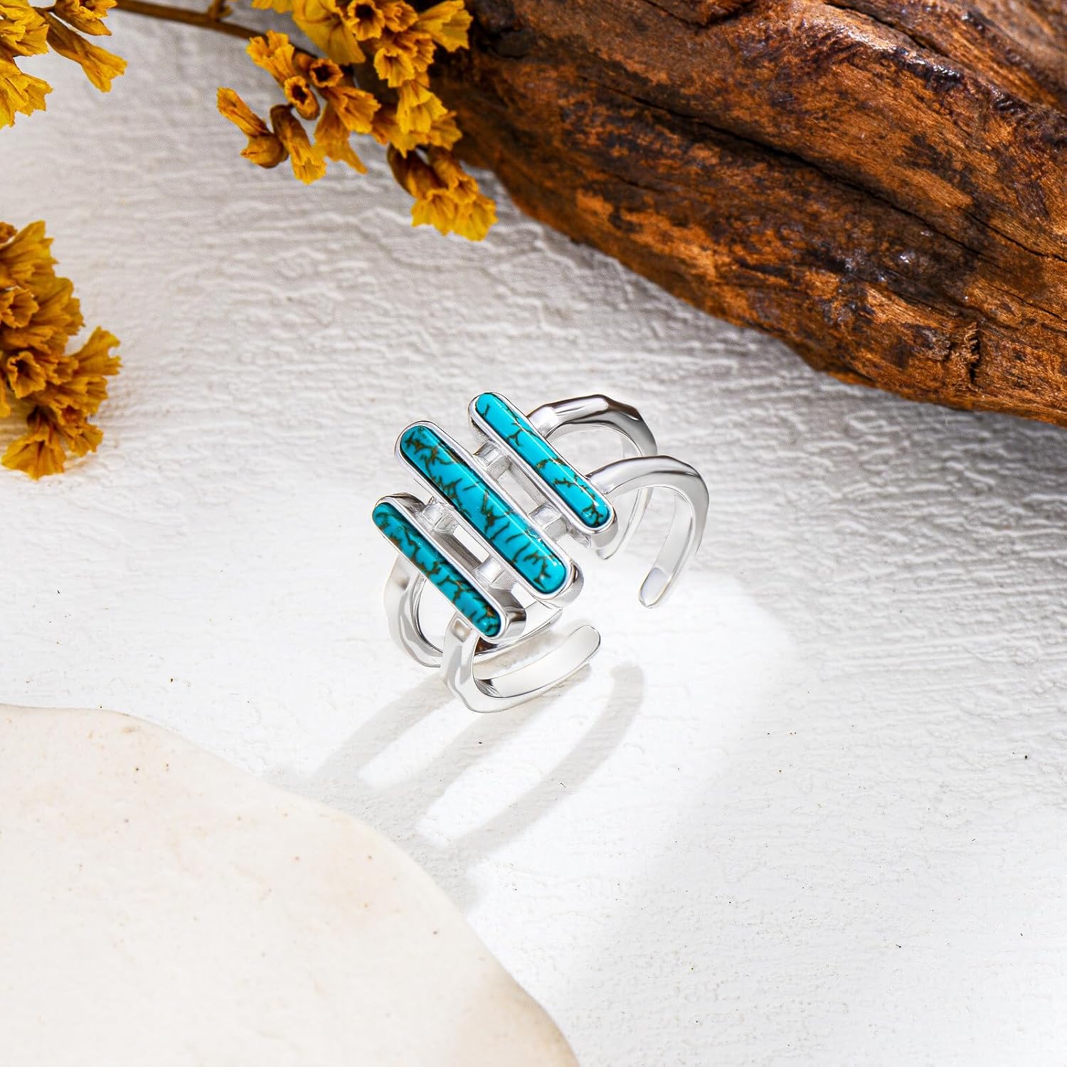 Natural Turquoise Three-Bar Ring 925 Sterling Silver Gemstone Turquoise Adjustable Ring Boho Western Jewelry Gifts for Women - Image 3