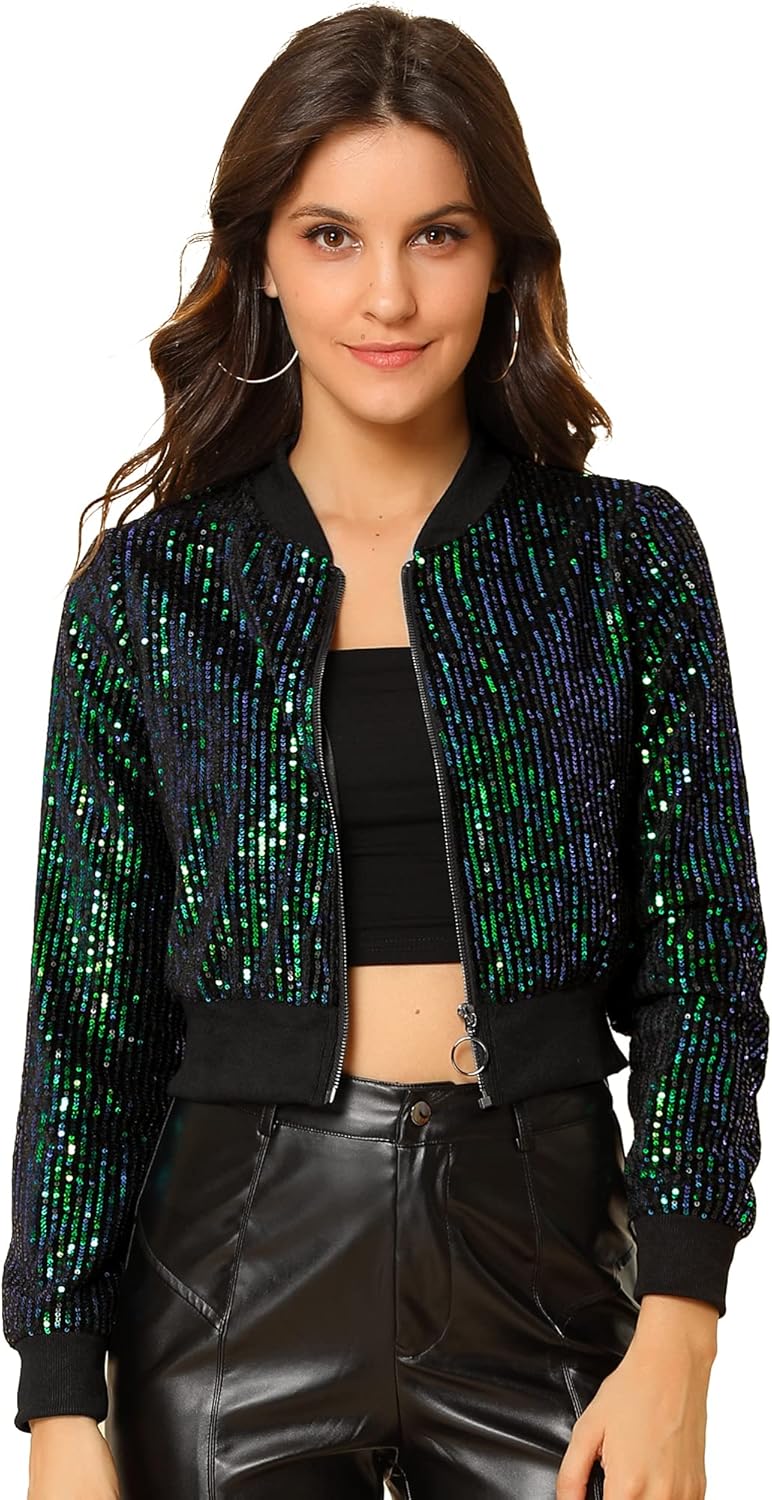 Allegra K Women Cropped Sequin Jacket 2026 Long Sleeve Front Zip Glitter Sparkly Bomber Jackets Party Disco Outfit