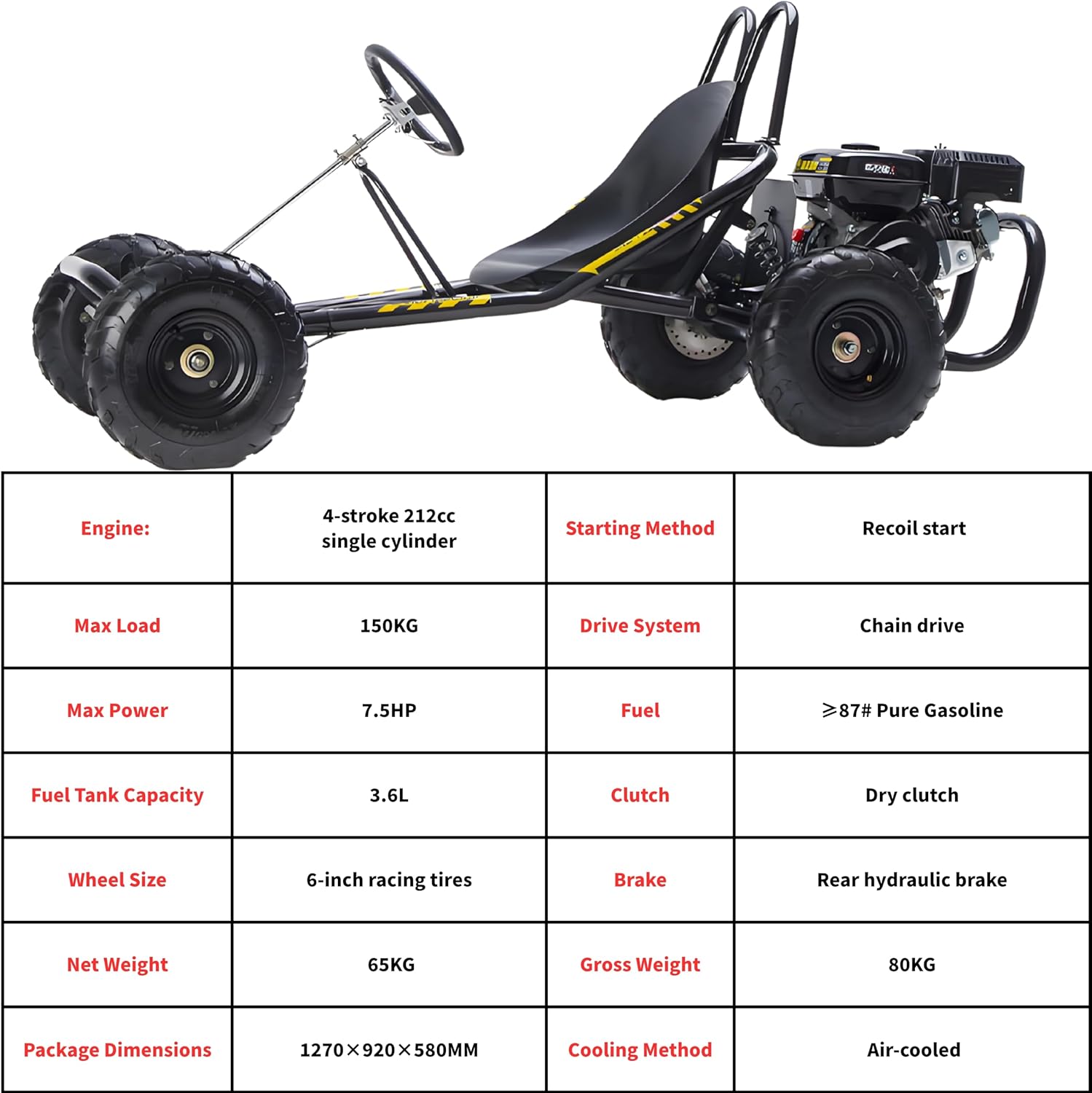 212cc Gas Off-Road Go Kart, 4-Stroke 7.5HP, 6" Racing Tires, Chain Drive w/Dry Clutch, Hydraulic Disc Brake, Steel Frame, 330-lb Max Load — Off-Road/Private Property, Not Street-Legal