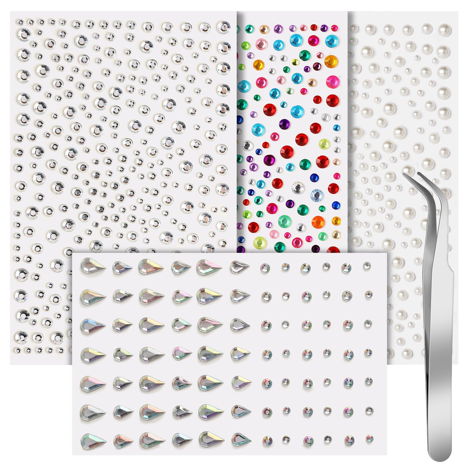Teenitor 1053Pcs Face Gem Hair Jewelry Pearls Stickers for Makeup Festival Set A