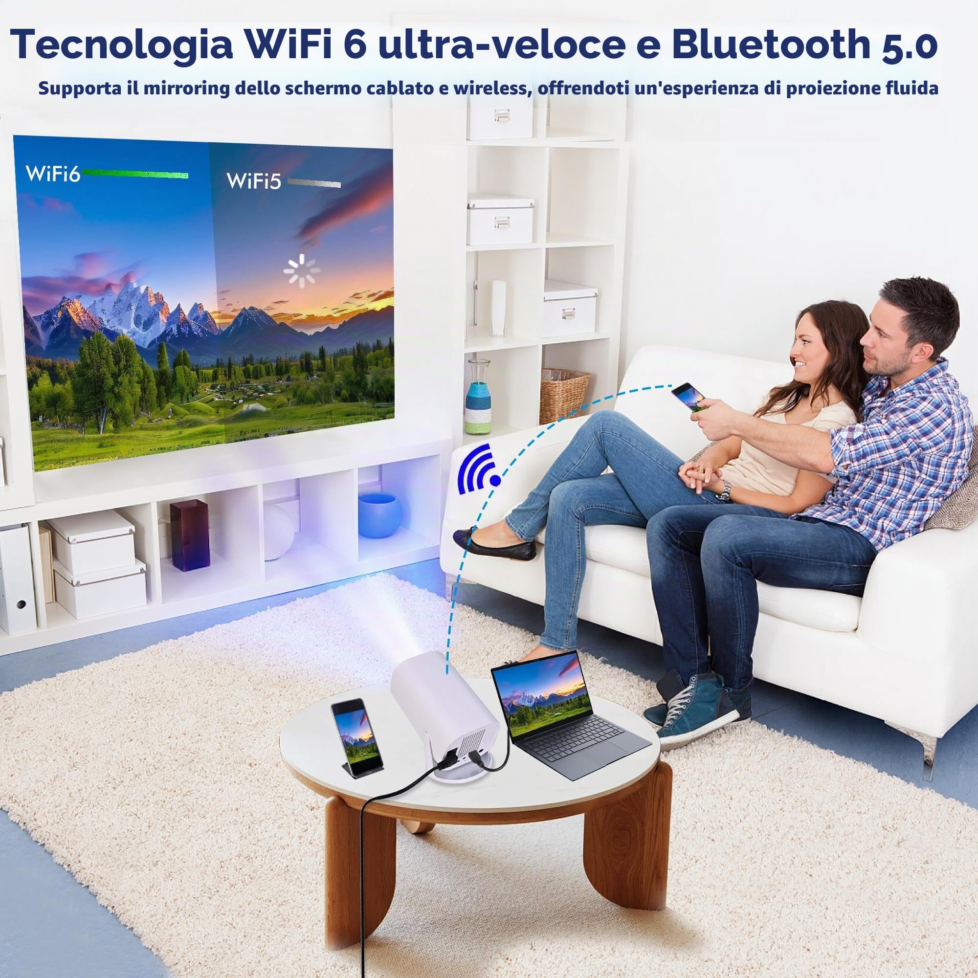 Mini Proiettore 4K Portatile TV Projector per Telefono l'invenzione Video Visione Videoproiettore con Android 11 e Netflix -WiFi 6 Casa Soffitto Film Smart Parete Bluetooth Proyector +Porta Cellulare