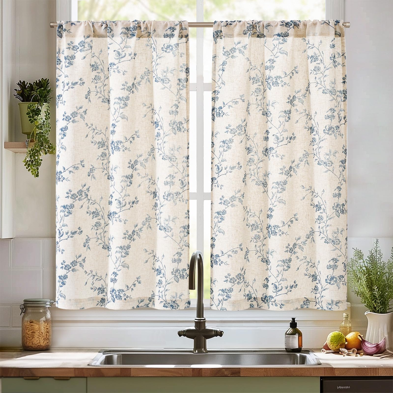 TOPICK Kitchen Curtains 45 Inch Drop, Linen Look Blue Floral Small Cafe Curtains, Rod Pocket Light Filtering Curtain Tiers for Cupboard Base, Sink, Basement, Bistro, W26 x L45 Inch