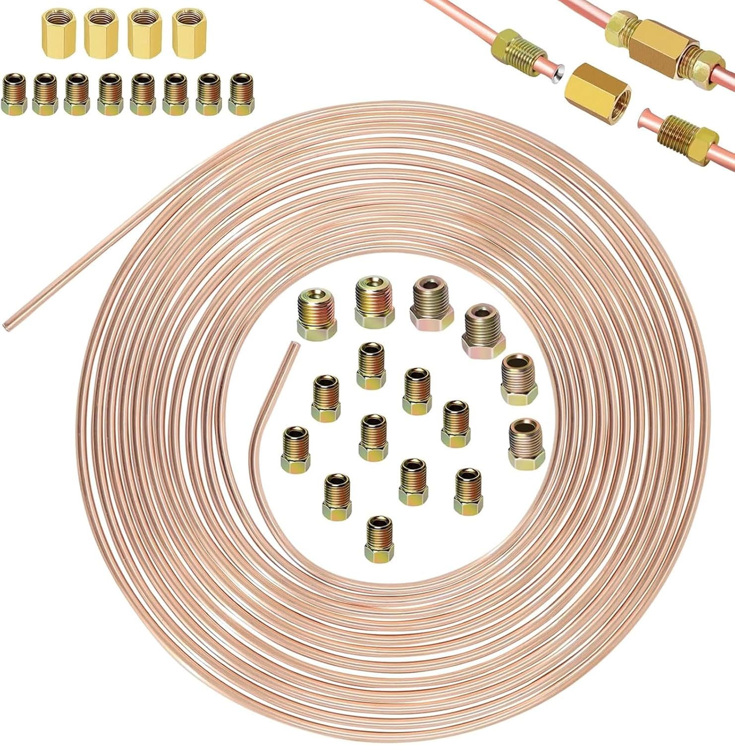 25FT 3/16" Copper Coated Brake Line Tubing Kit with 28Pc Brake Line Fittings