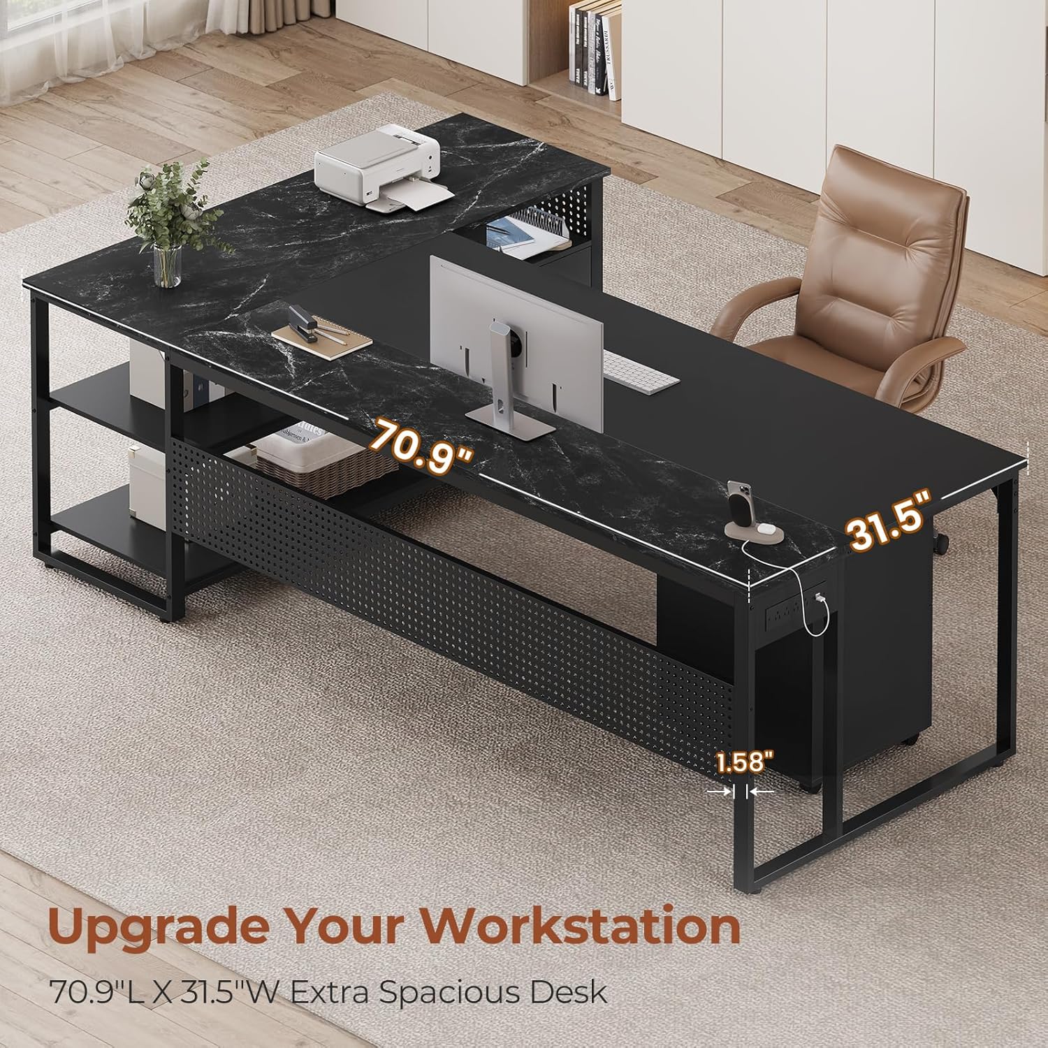 71" Executive Desk, Reversible L Shaped Desk with Mobile File Cabinet & Power Outlets, Large Office Desk with Drawers, Storage Shelves, Hooks, Corner Computer Desk for Home Office (Black)
