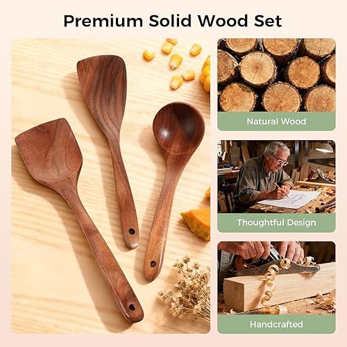 Miniatura 6 de Cucharas de madera para cocinar, juego de 7 utensilios de cocina de madera, juego de utensilios de madera de teca natural suave, utensilios de