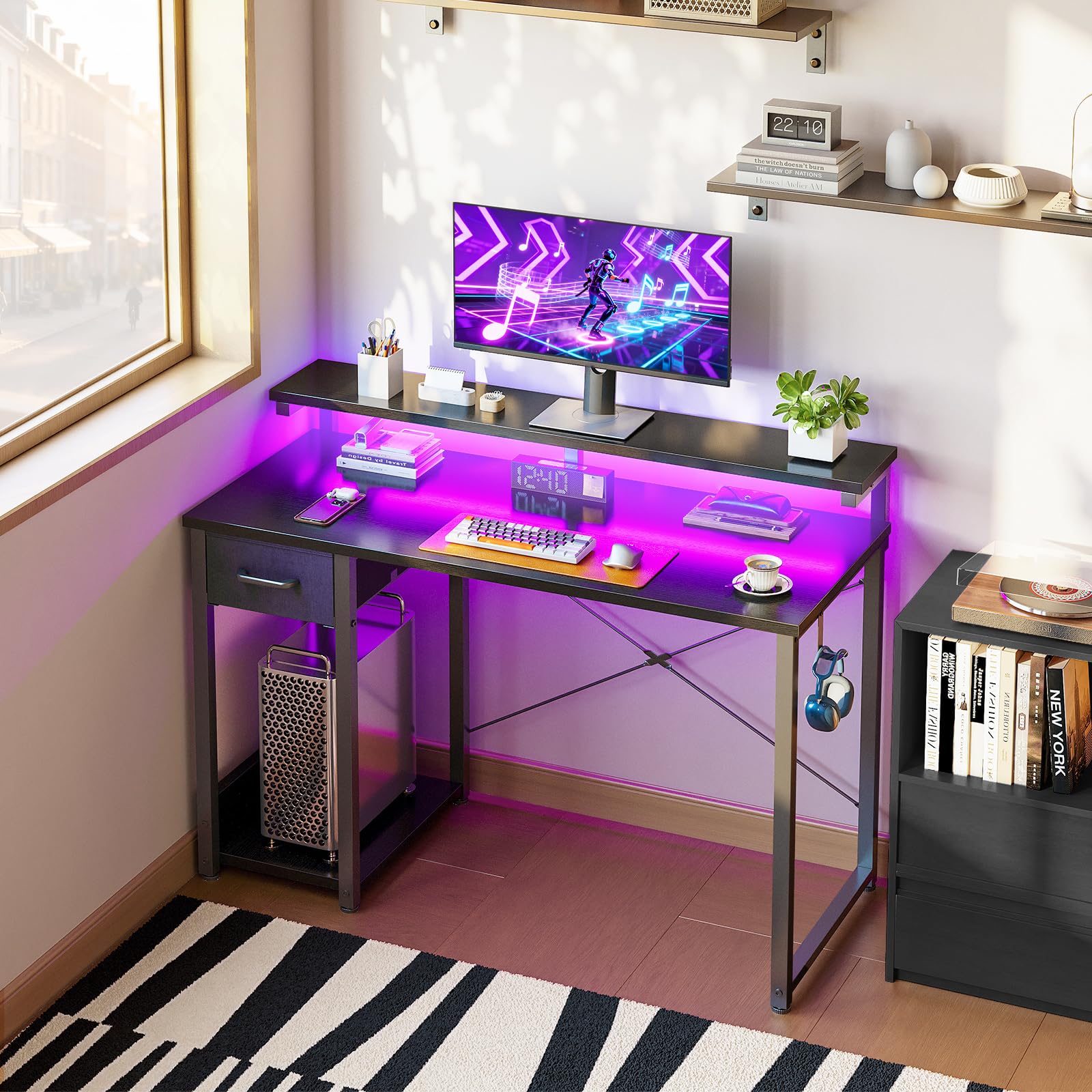 Coleshome Escritorio con Cajones de Tela, 100x45cm Mesa Gaming con Luces LED, Escritorio Gaming Reversible con Estanteria y Gancho para Auriculares para en Casa y Dormitorio, Negro