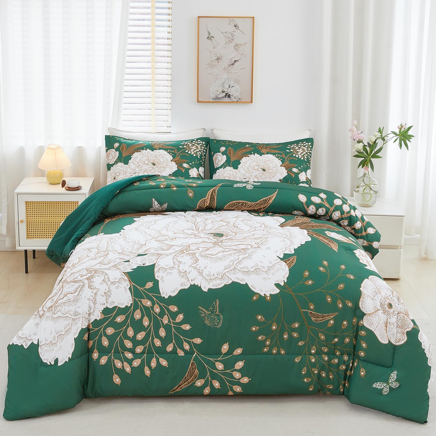 ANGIYUIN Green Floral Botanical Queen Size Bedding Set
