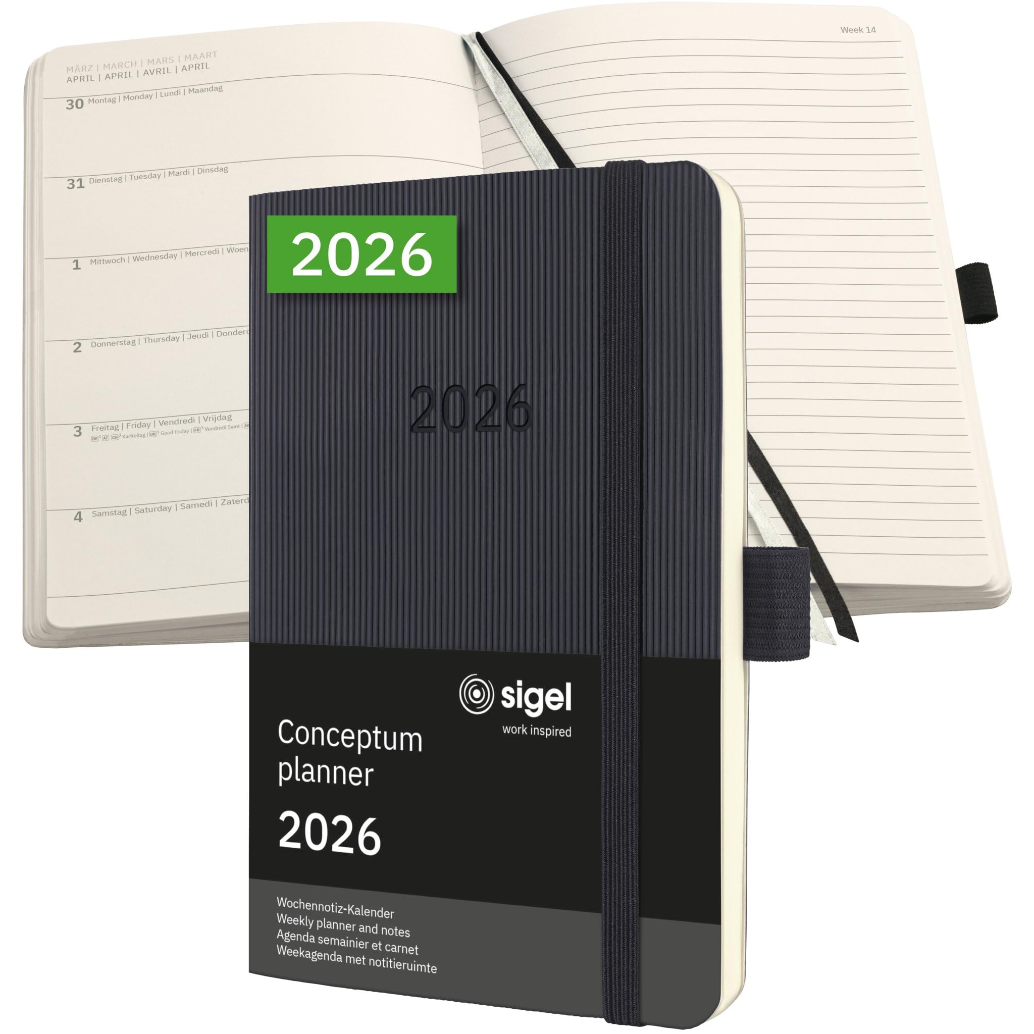 SIGEL C2625 Terminplaner Wochennotiz-Kalender 2026, ca. A6, schwarz, Softcover, 176 Seiten, Gummiband, Stiftschlaufe, Archivtasche, aus nachhaltigem Papier, Kalenderbuch Conceptum