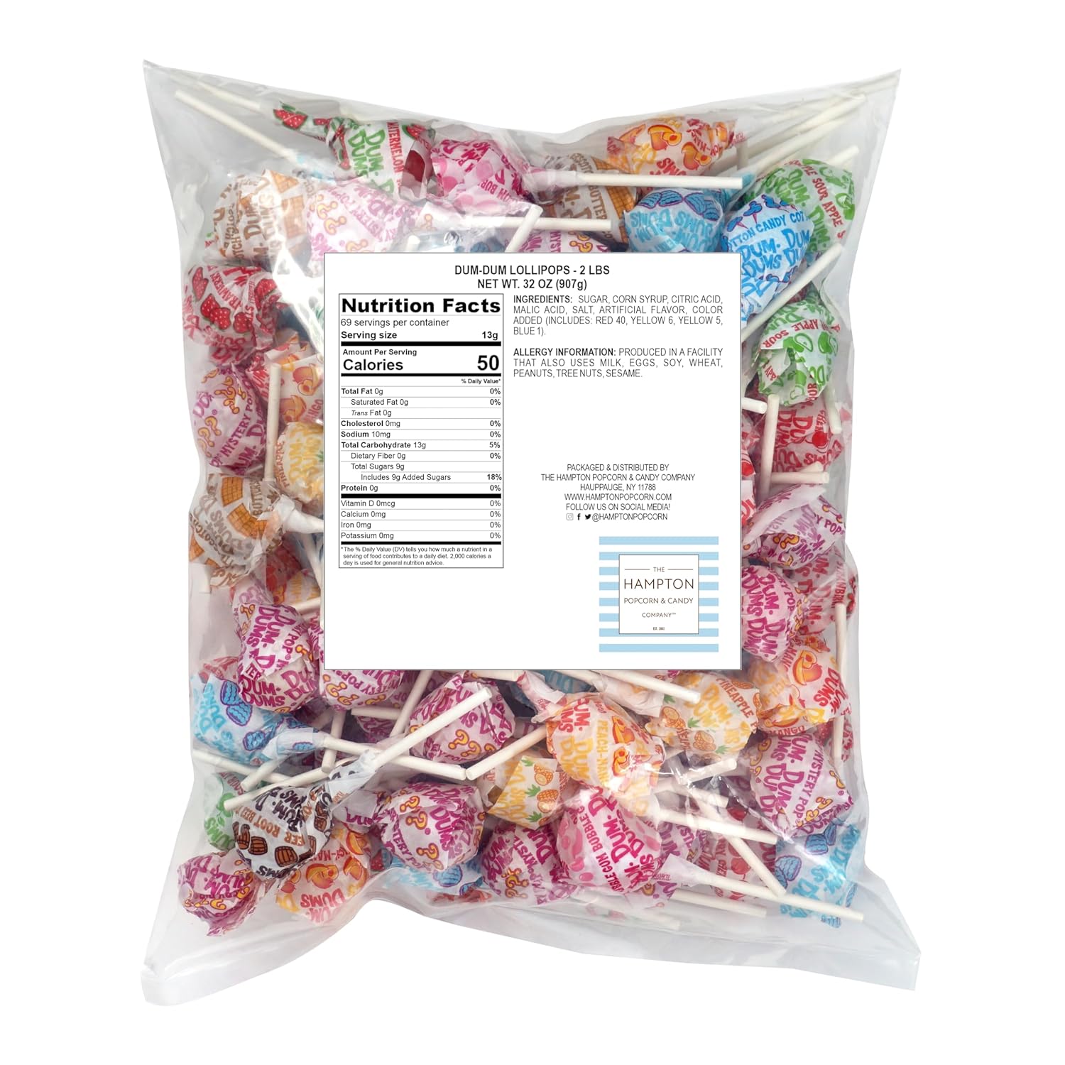 DUM DUMS Original Mix Lollipops, 2 lb Bag (120 Pieces Approx.), Gluten Free Hard Candy, Assorted Flavors, Individually Wrapped Lollipops, The Hampton Popcorn & Candy Company