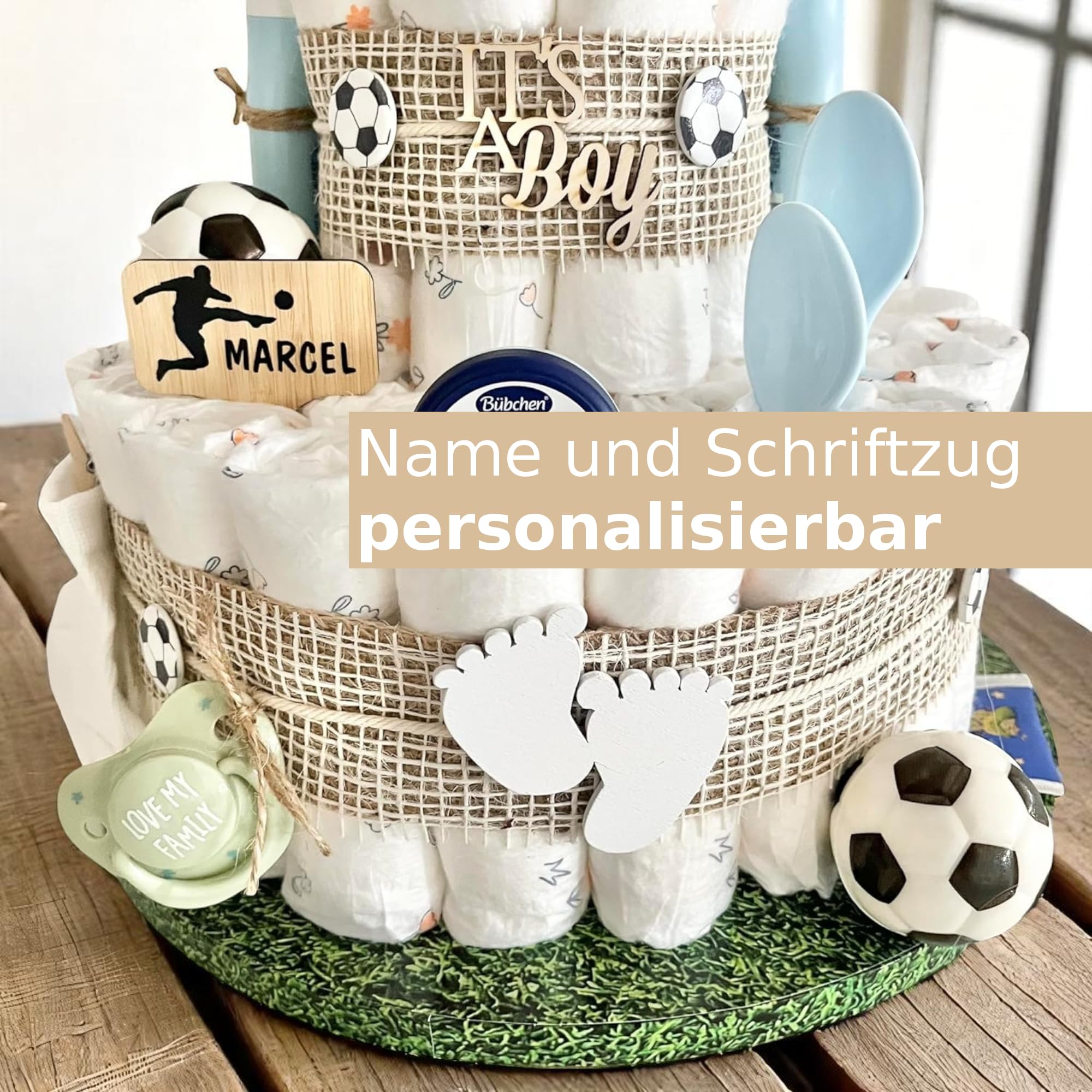 Windeltorte Fußball mit Elefant Socken Schnuller Löffel und mehr, für Jungen & Mädchen, Babytorte für Babyparty Babyshower Gender-Reveal, Namen personalisierbar, Baby Party Deko Dekoration