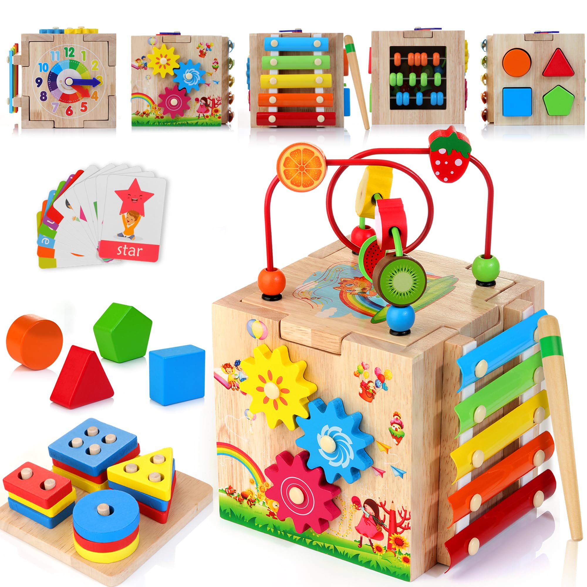 8-in-1 Wooden Activity Cube for Kids, Sorting & Stacking Toys Shape Match Xylophone Montessori Learning Toy STEM Value Pack Gift for Boys Girls Toddlers-Light Blue Packaging