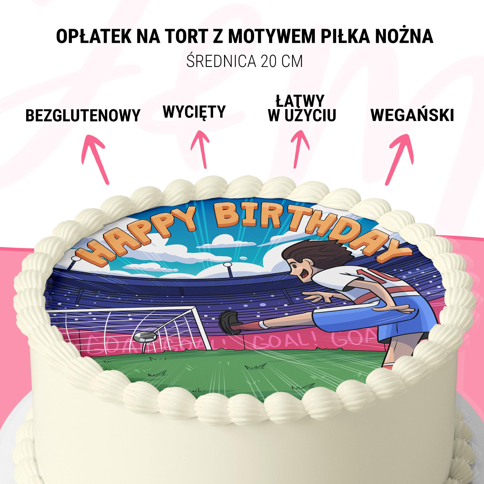 J&M DECO Opłatek na tort Piłka Nożna Ø20 cm – jadalna dekoracja piłkarska na urodziny chłopca i dziewczynki – topper tortowy futbol – bezglutenowy i wegański
