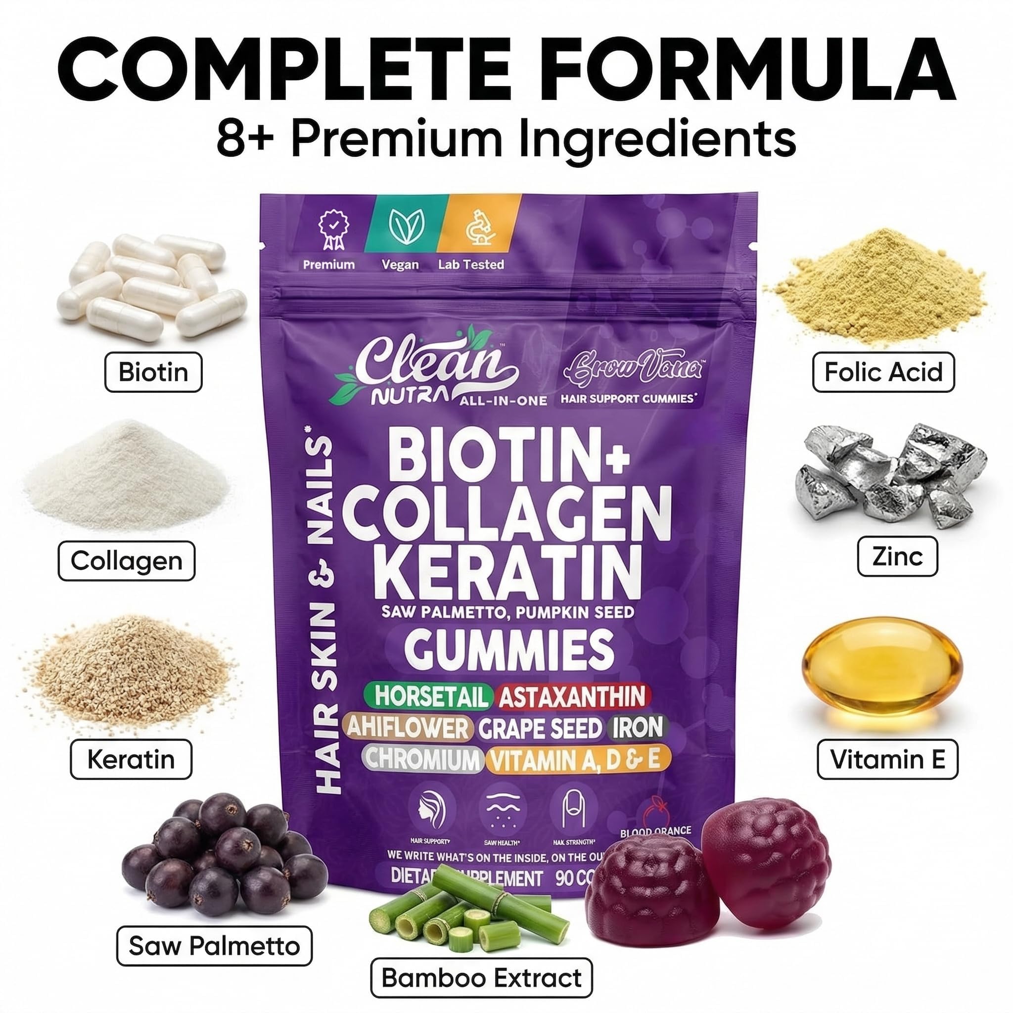 Biotin Gummies for Hair Growth, Hair Vitamins for Women with Collagen Keratin Zinc Saw Palmetto Horsetail Astaxanthin Pumpkin Seed MSM Grape Seed Iron Vitamins A D E, GrowVana by Clean Nutra 90 Count — Amazon image 4