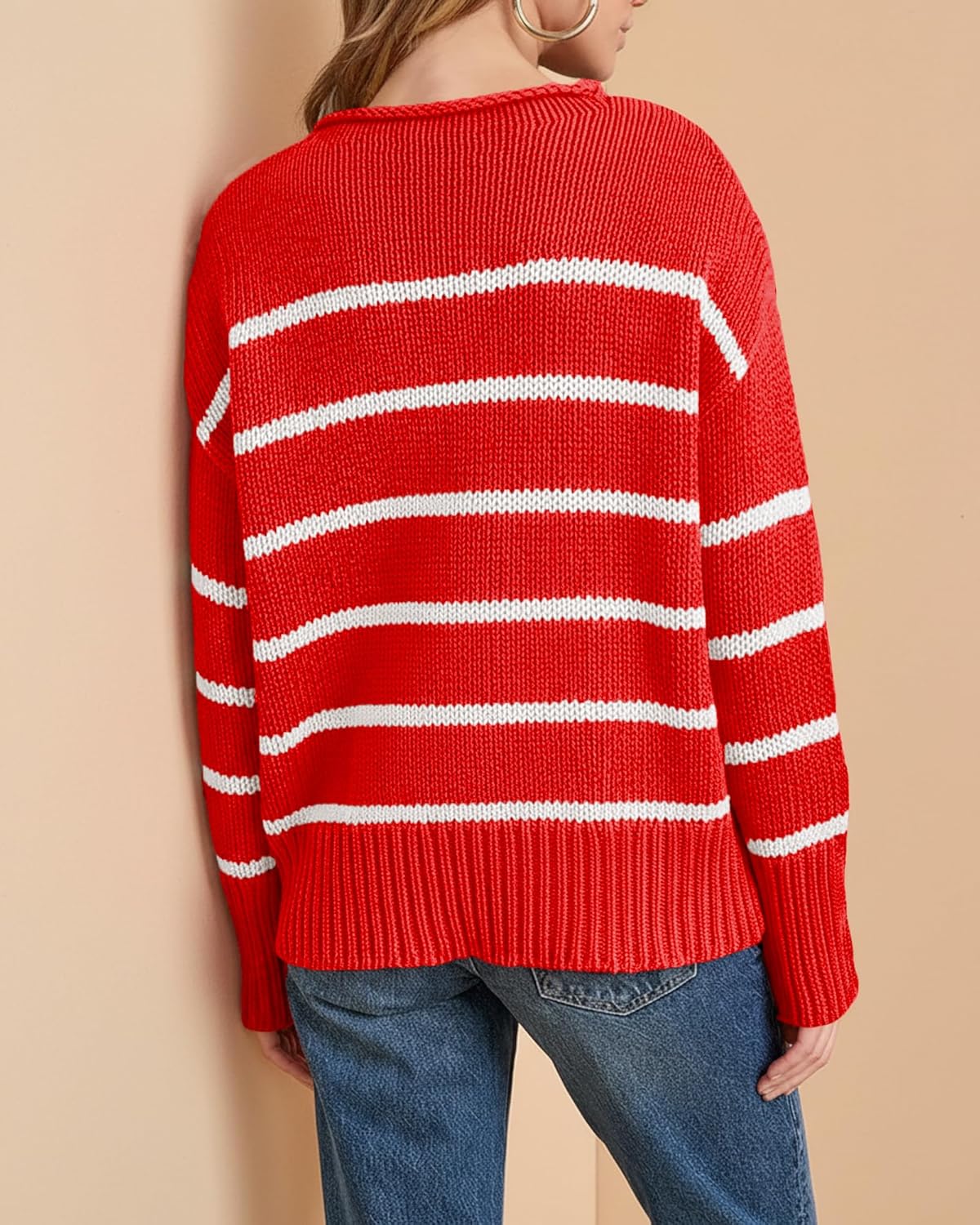 Women's 2026 Fall Roll Neck Pullover Sweaters Trendy Long Sleeve Ribbed Knit Striped Jumper Tops Red - Image 5