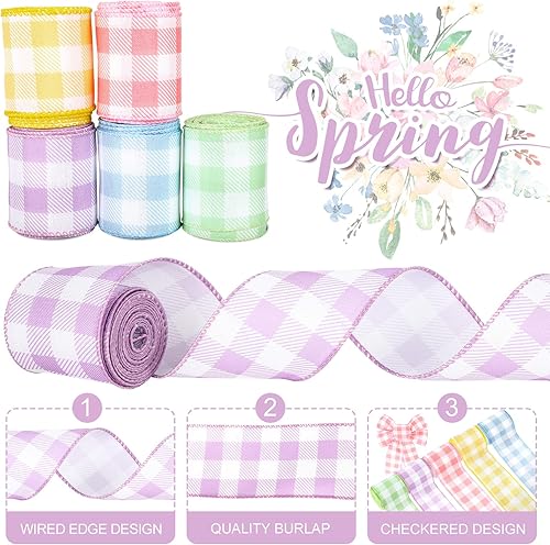 Miniatura 3 de Cinta de resorte con borde con alambre, 30 yardas, diseño a cuadros pastel, cinta para manualidades, azul claro, amarillo, rosa, morado, verde,