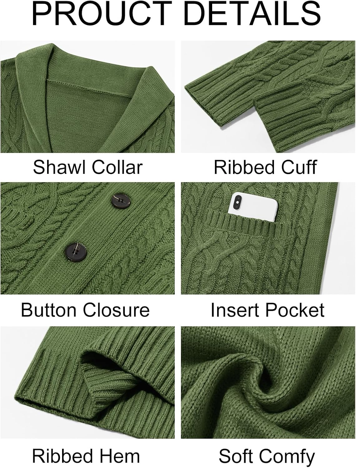 Runcati Mens Shawl Collar Cardigan Sweater Casual Cable Knit Button Down Winter Chunky Ribbed Sweaters - Image 5