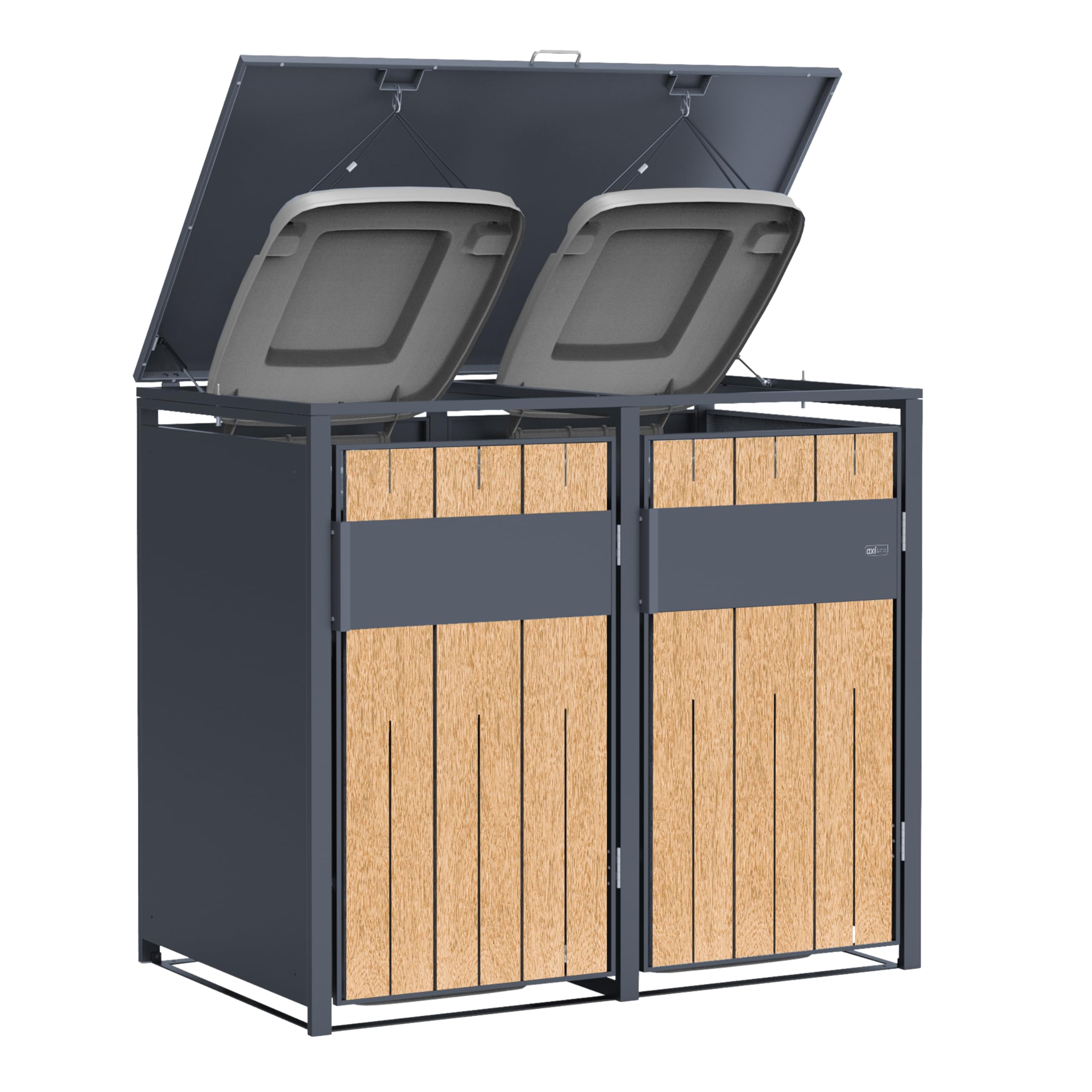 AXI Luke Mülltonnenbox Anthrazit/Holzoptik aus Metall - 2 Tonnen | Mülltonnenverkleidung mit Deckel für 2 Tonnen - Max. 240L - 132 x 80 x 116 cm | Müllbox/Aufbewahrungsbox für Mülltonnen