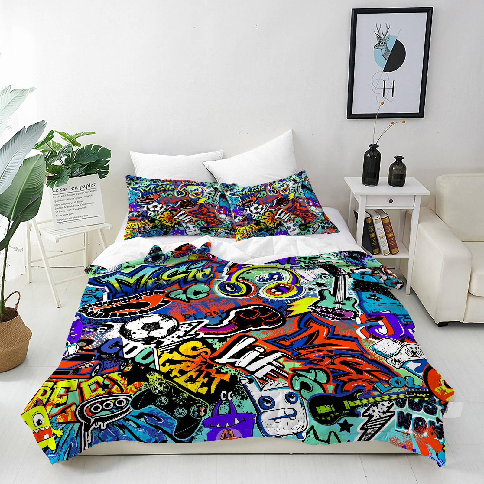 ANHOPE Graffiti Duvet Cover Set Soft Lightweight 3 Piece Bedding Set with 2 Pillowcase Abstract Monster Football Music Doodle Print Pattern Kids Boys Girls Teens Quilt Cover with Zipper Closure Double