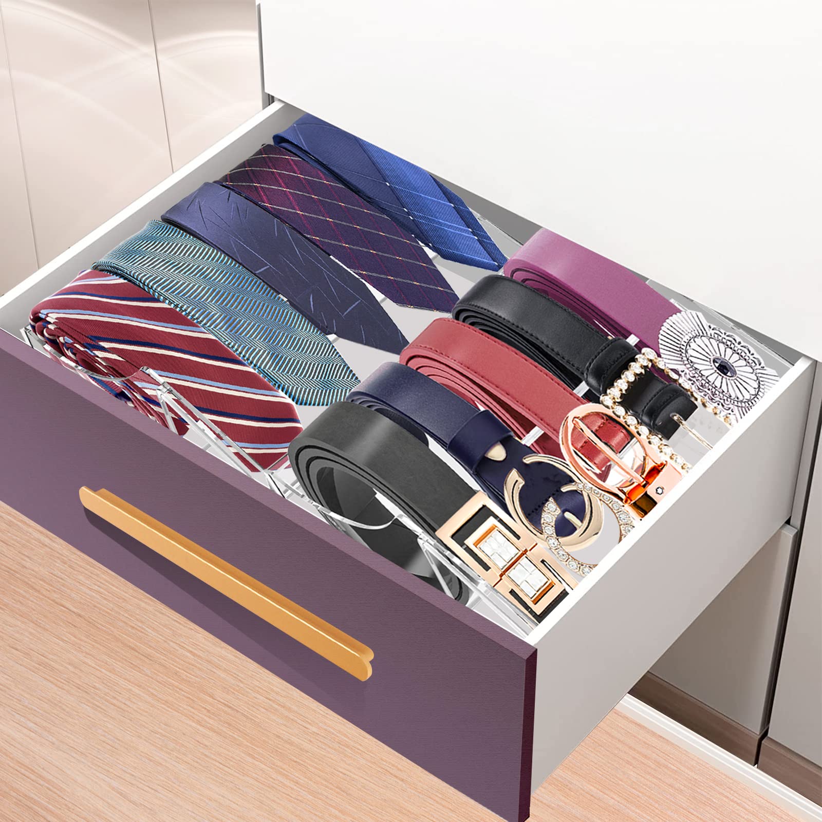 Organizer per cintura in acrilico, 5 scomparti, porta cintura per cassetto armadio, scatola trasparente con espositore per cravatte, gioielli e cravatte