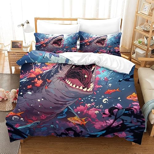 NEDOES Duvet Cover Shark Bedding Set Soft Microfiber 3D Ocean Print Quilt Cover with Pillowcase Zipper Closure Easy to Clean Double200x200cm