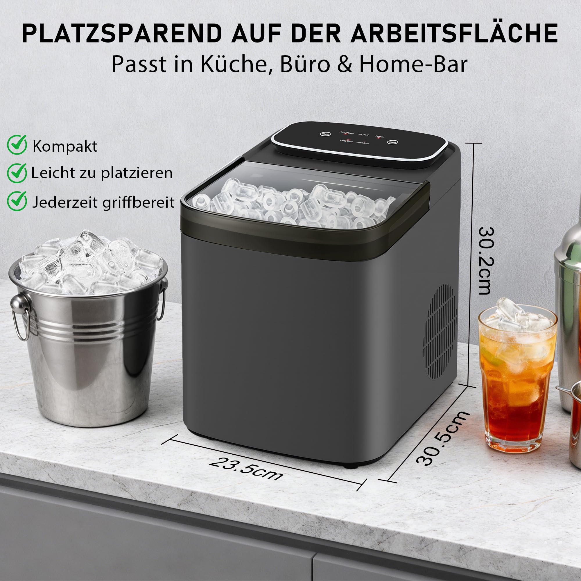 Citybee Eiswürfelmaschine Klein Kompakt & Leise - Schnell Eis 9 Würfel In 6 Min - 2 Eisgrößen Bis 14 Kg 24 H - Automatischer Stopp Selbstreinigung Tragbar Für Küche Büro Bar Party Grau