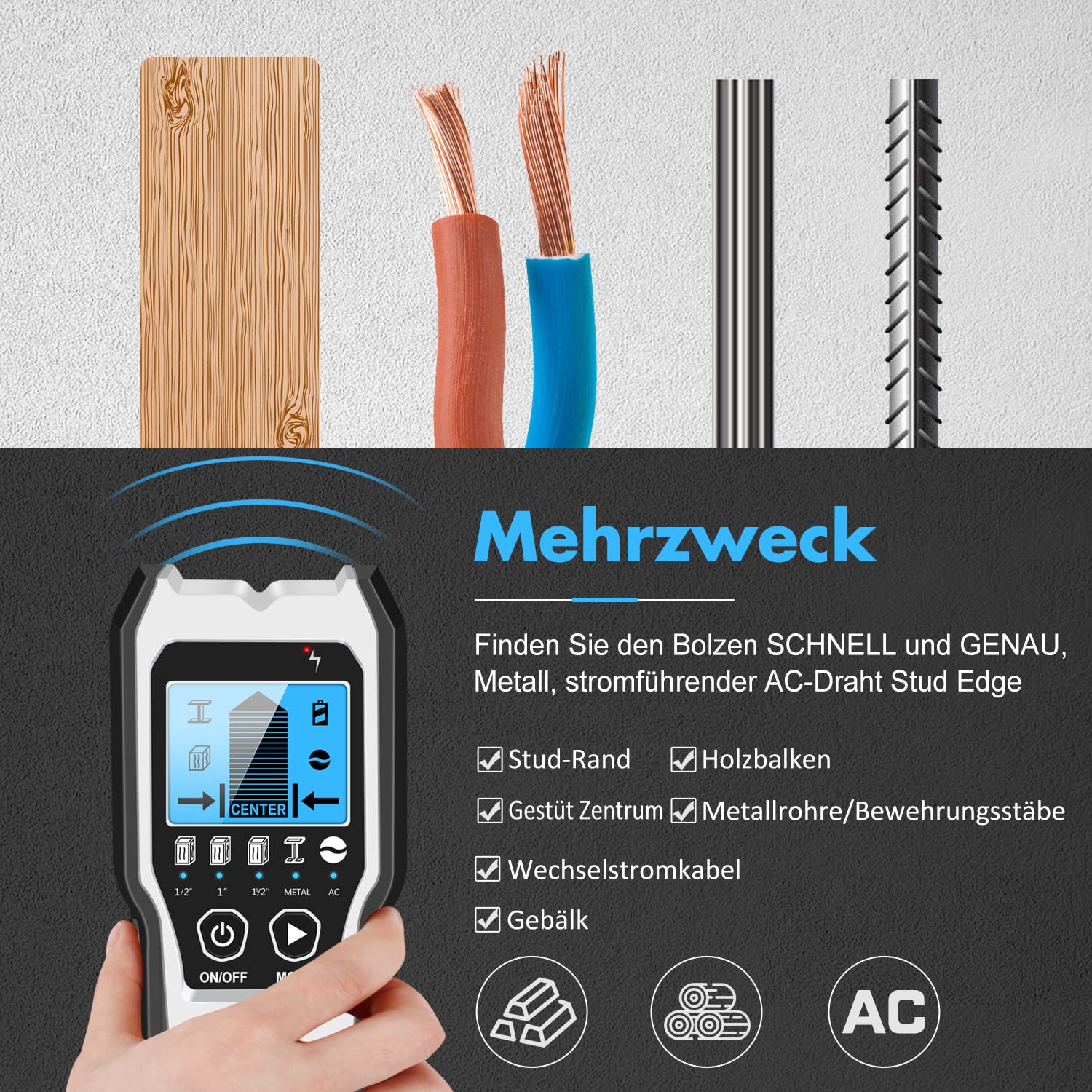FOLAI Leitungssucher Ortungsgerät 5 in 1，verbesserter elektronischer Wandscanner mit HD-LCD-Display und Audioalarm zur Erkennung von Holz, Metall und Wechselstromkabeln, (blau)