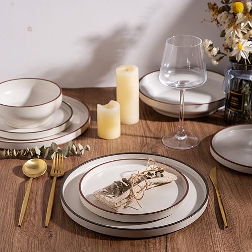 Miniatura 6 de LERATIO Juego de 6 platos de cerámica planos de ensalada de 8.0 pulgadas, platos modernos de borde alto para cocina, microondas y lavavajillas y