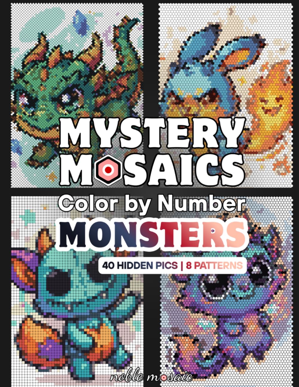 Mystery Mosaics Color by Number - Monsters: Standard Black Paper Edition with 8 Shapes & 40 Hidden Pictures for Teens & Adults.