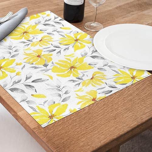 Miniatura 2 de Juego de 4 manteles individuales florales, manteles individuales de PVC lavables, manteles individuales de vinilo tejido con flores amarillas