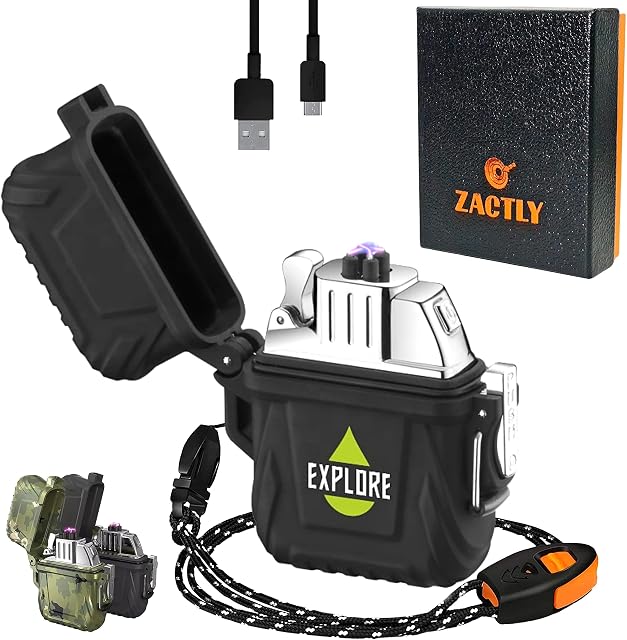 Zactly MODEL AL04 Electric Dual Arc USB Lighter Multifunction Waterproof Windproof Dustproof Rechargeable Flameless with Lanyard & Emergency Whistle, Kitchen, Camping & Outdoor Survival Tool (BLACK)