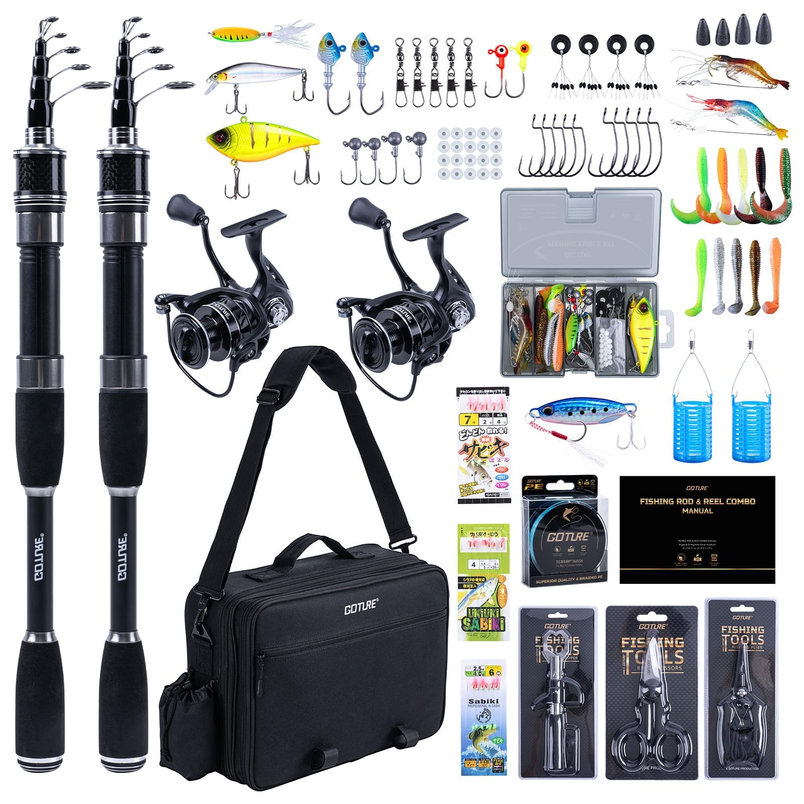 Goture Fishing Set, Carbon, Compact Sinker Rod with Spinning Reel, Lure Fishing, Saltwater Fishing and Freshwater Gear Storage Set D: 2 x Telescopic Lure Rod Set (Hard Bag) 2.7M