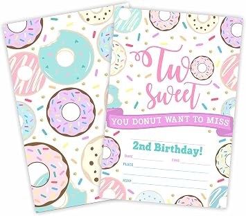 GREOXG Two Sweet Birthday Party Invitation, Invite Cards20 Count With Envelopes, 2Nd Birthday Fill In Style Invite Cards For Girls, Kids, Birthday Party Supplies-A26
