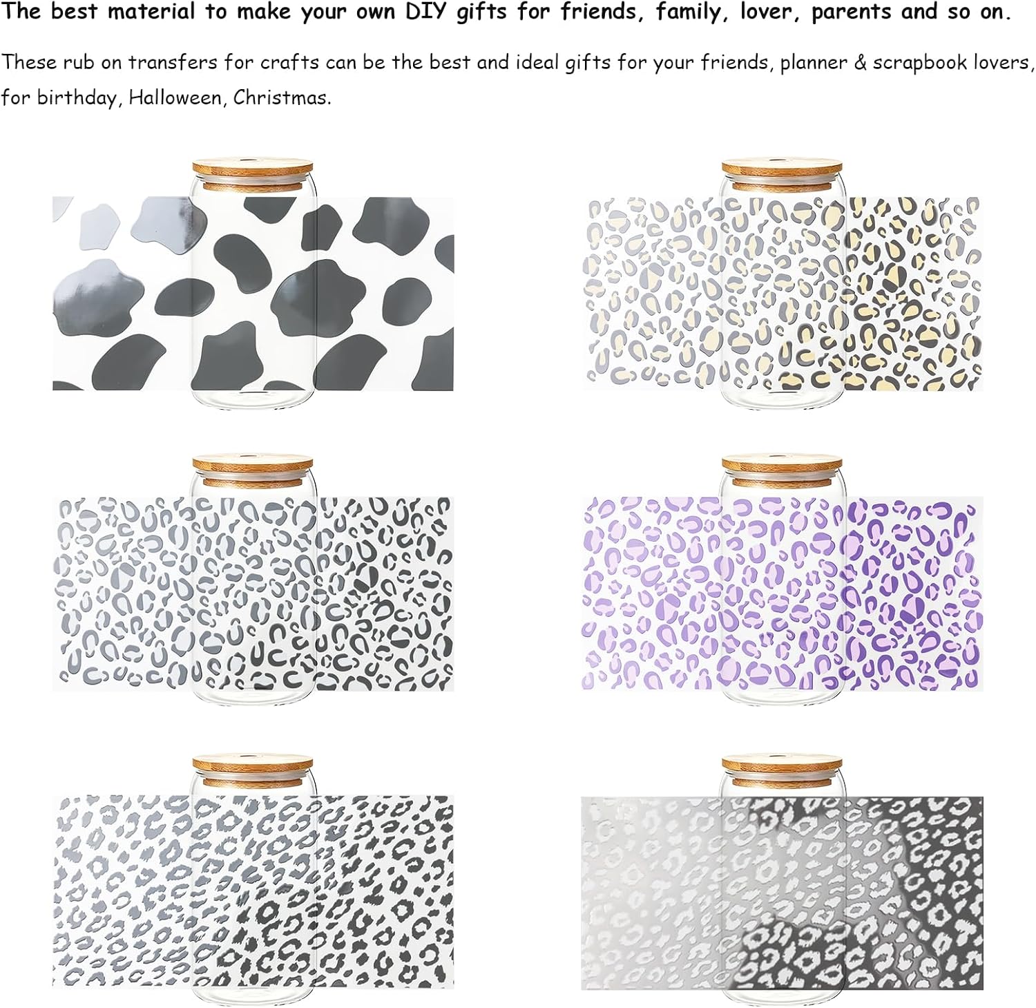 Yalulu 6 Sheets Leopard Print UV DTF Cup Wrap, UV DTF Transfer Stickers, Cute Cow Rub on Transfers Decals, Cup Wrap Transfer Cup Stickers Decals for Glass Coffee Cups