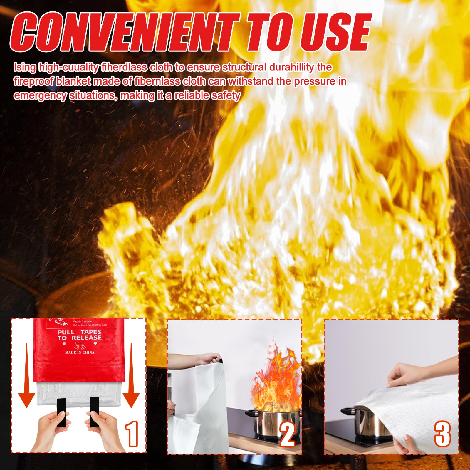 Couverture anti-feu : 3 pièces 100 x 100 cm Couverture anti-incendie de cuisine, couverture anti-incendie en fibre de verre, pour la maison incendie de graisse feux de graisse, bureaux, garages