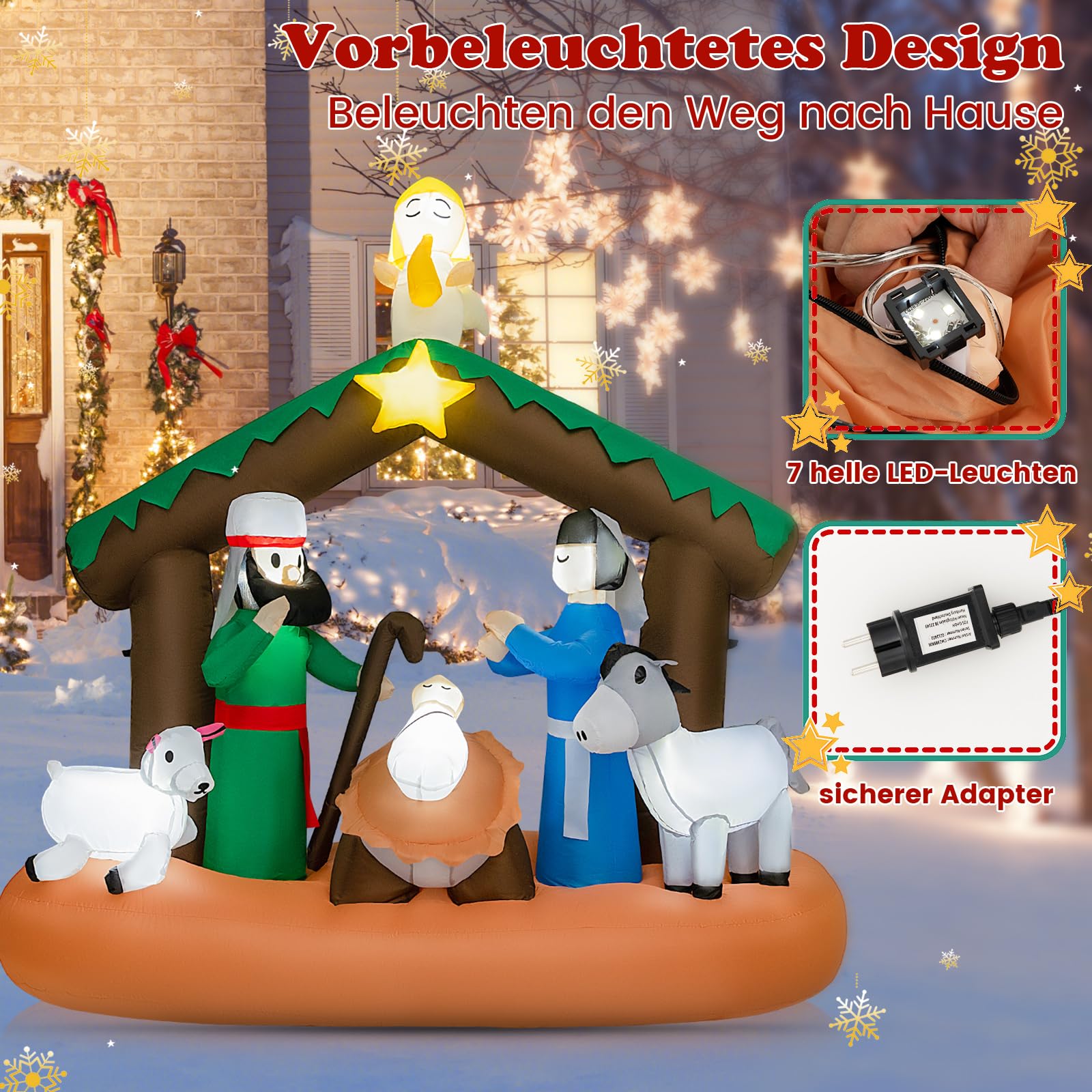 COSTWAY 180 cm Aufblasbare Weihnachtskrippe, Weihnachtsdeko mit LED-Lichter, Nachstellung der Geburt Jesu, Weihnachtsbeleuchtung, Weihnachtsdekoration für drinnen und draußen, selbstaufblasend