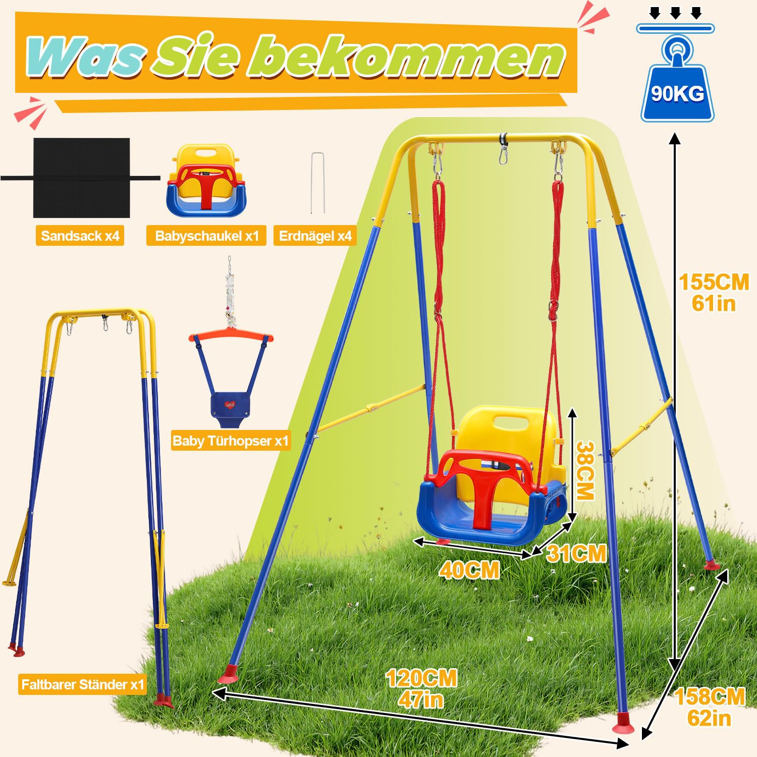 Balançoire pour bébé 4 en 1 avec armature - Balançoire pour enfant - Avec ceinture de sécurité - Pliable et 4 sacs de sable - Pour l'intérieur et l'extérieur - Facile à monter