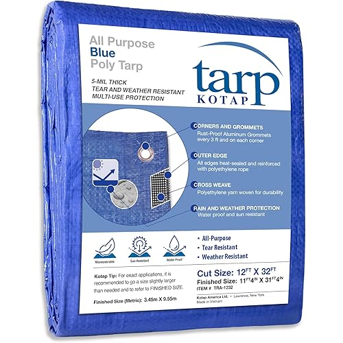 Kotap 12 x 32 Ft. All-Purpose Multi-Use Protection/Coverage 5-mil Poly Tarp, Waterproof, Blue, (TRA-1232)