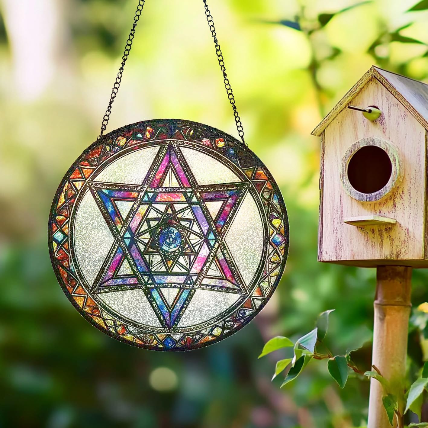 Star of David Suncatcher Stained Glass Window Hanging - 9.84inch Hand-Painted Sun Catcher Garden Hanging Decoration with Metal Chain Outdoor Garden Decor Gift for Women