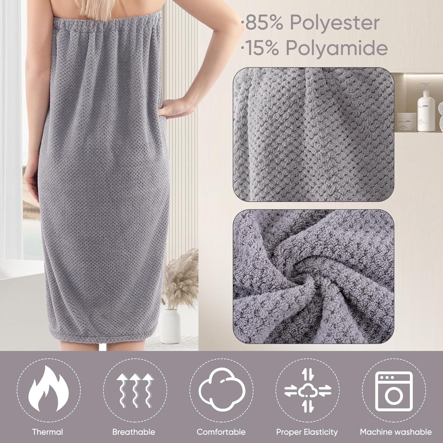6 Pcs Spa Robe Bath wrap Towels for Women Waffle Spa Wraps with Pocket Adjustable Closure Lightweight Towel Wraps for Bath Shower (Gray, Medium) - Image 4