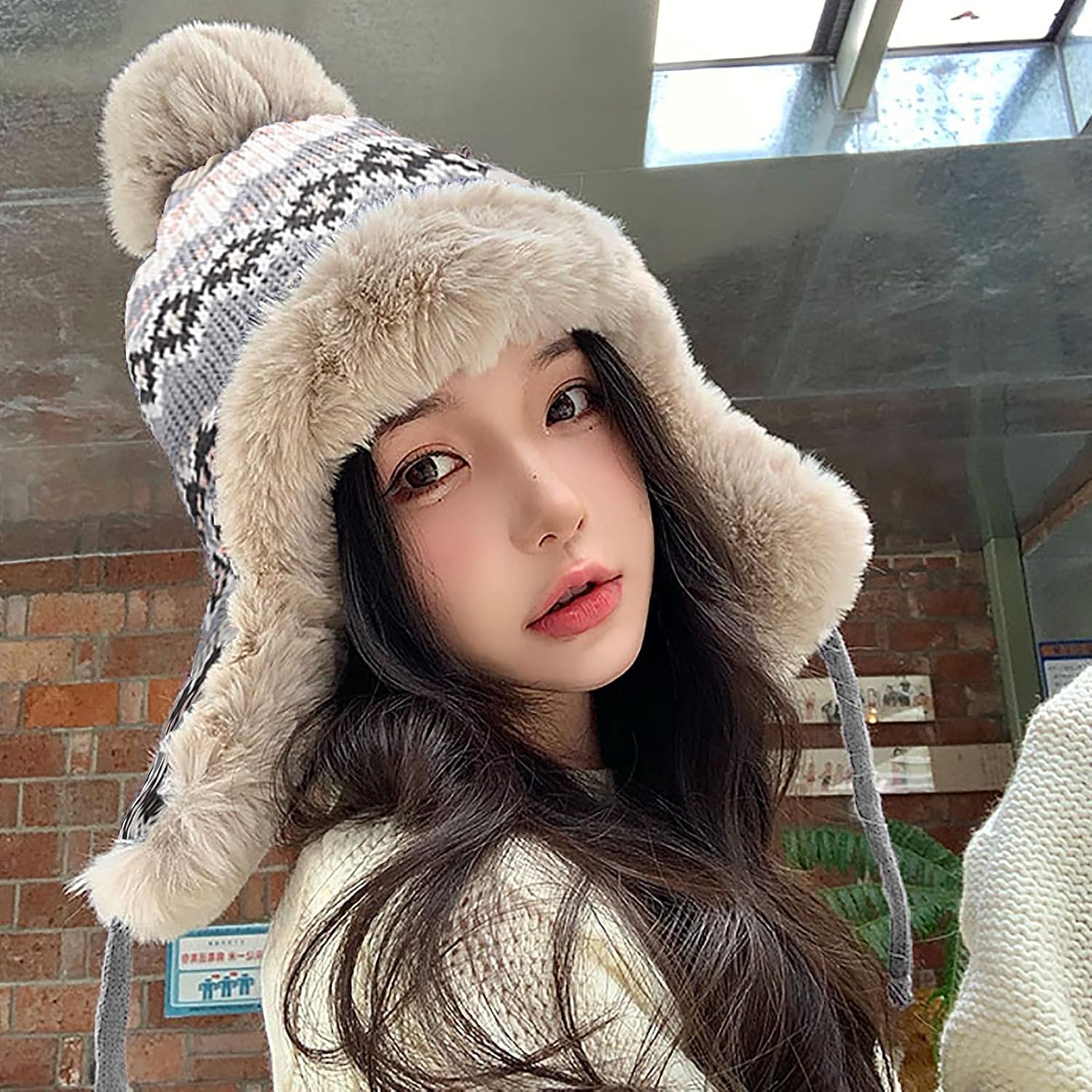 Women Winter Beanie Hat Thick Fleece Lined Warm Earflap Trapper Hat Pom Pom Jacquard Knited Outdoor Ski Snow Cap - Image 3